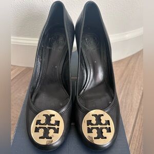 Tory Burch Wedge Black Heels with Gold Emblem
